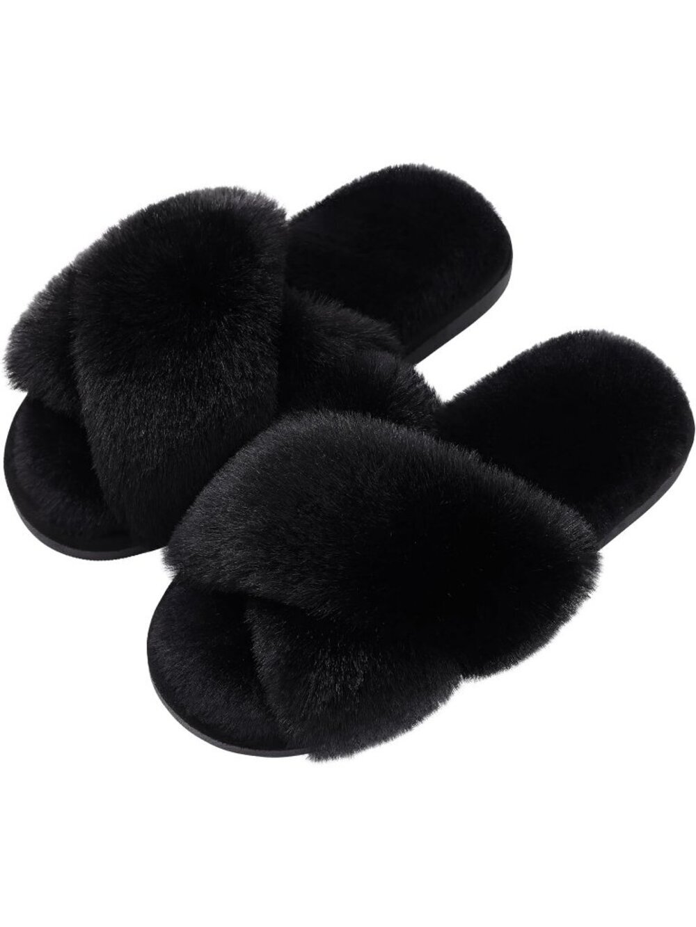 Women's Black Fuzzy Cross Band Memory Foam House Open Toe Soft Slipper Shoes